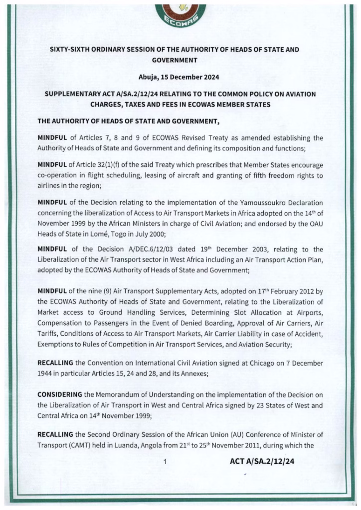 ECOWAS to Abolish Air Transport Taxes and Cut Aviation Fees from 2026